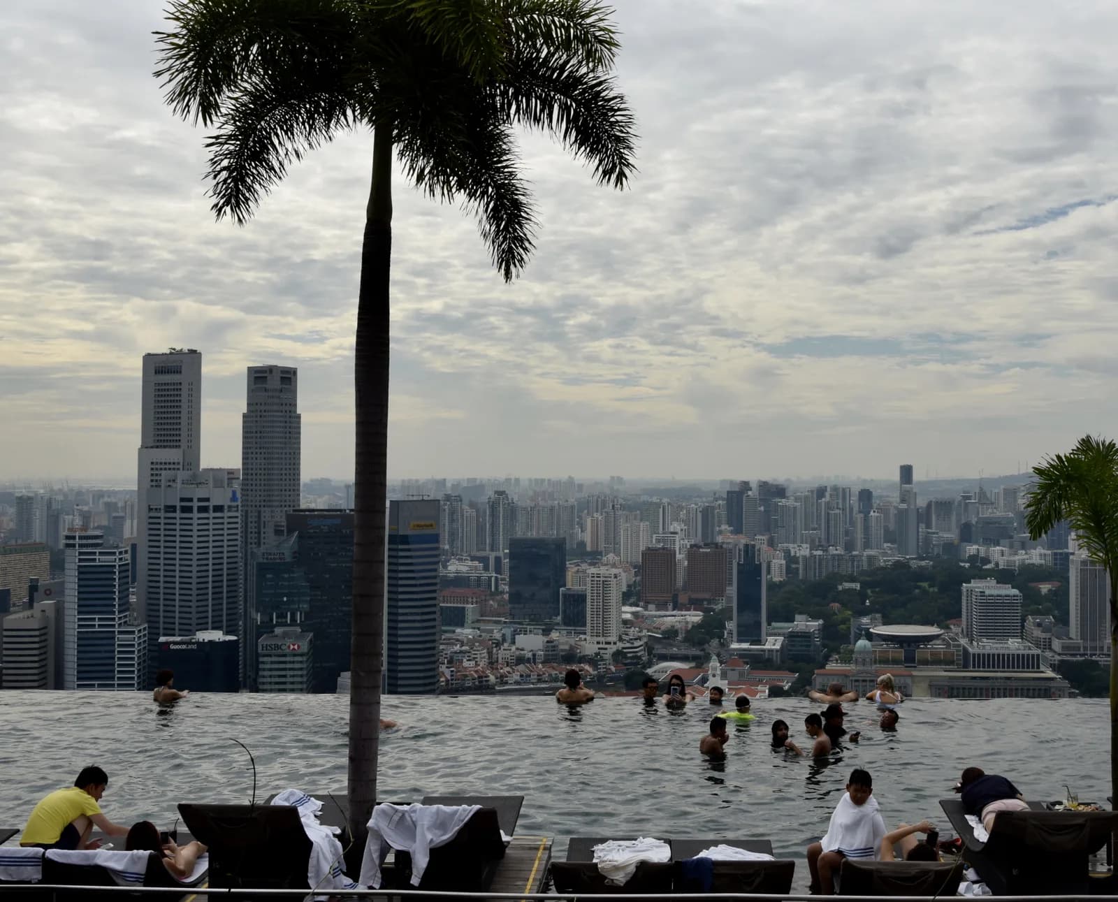 The rooftop infinity pool at Marina Bay Sands looking over the Singapore skyline