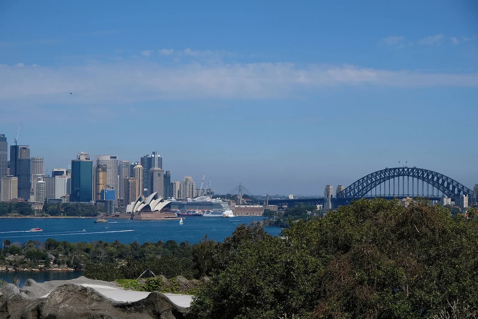 Sydney Harbour and the city towers seen across the water from the Taronga Zoo side of the north shore