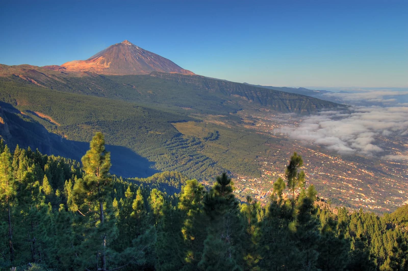 Mount Teide above the Orotava Valley, with cloud lying over the north coast of Tenerife