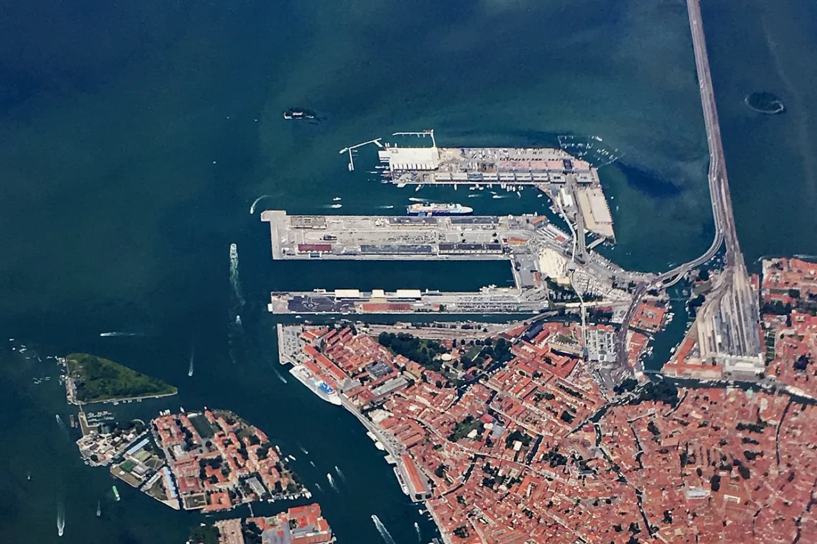 The Marittima passenger terminal at the western end of Venice, seen from the air