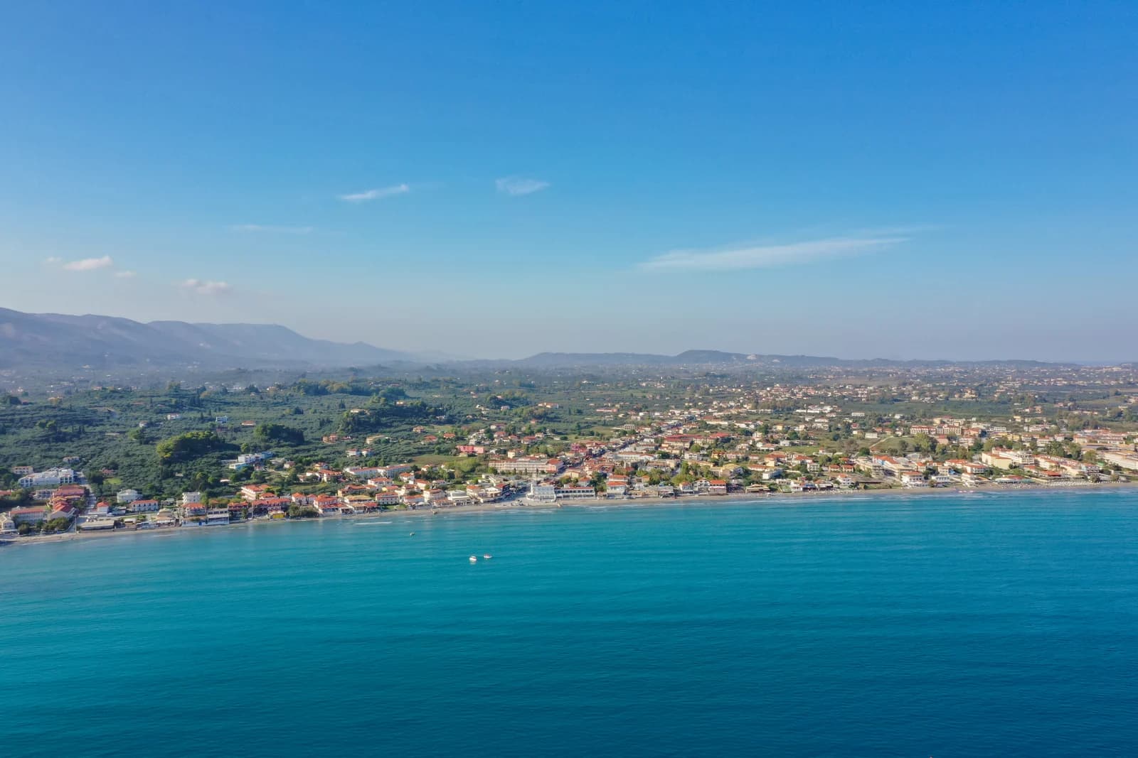 Laganas Bay on Zante's south coast from the air, the turtle-nesting bay inside the National Marine Park of Zakynthos