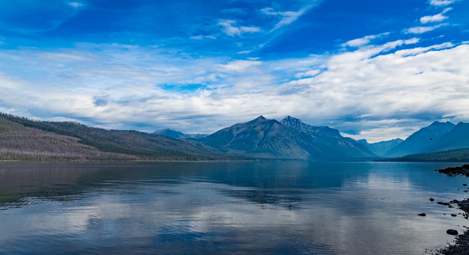 Mountains reflected in Lake McDonald, Glacier National Park, Montana