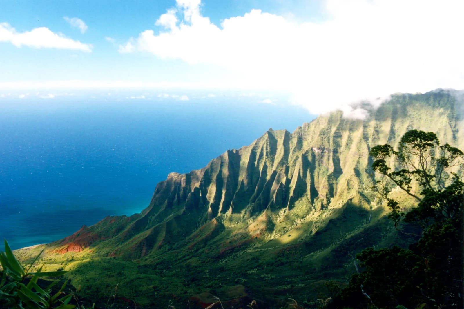 Fluted green cliffs of the Nā Pali Coast on Kauai above the Pacific
