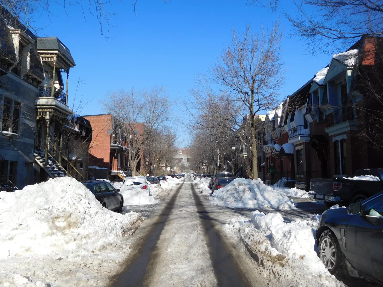 A snowbound Montreal side street in deep winter, the season that defines the city's calendar