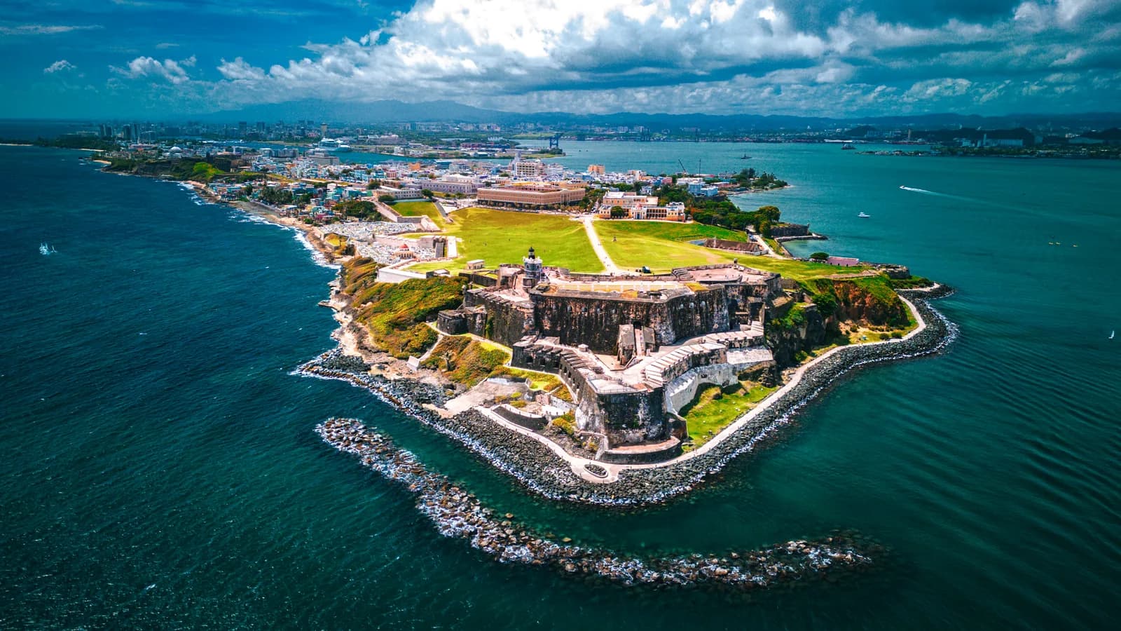 Aerial view of Castillo San Felipe del Morro fortress on the promontory of Old San Juan, Puerto Rico