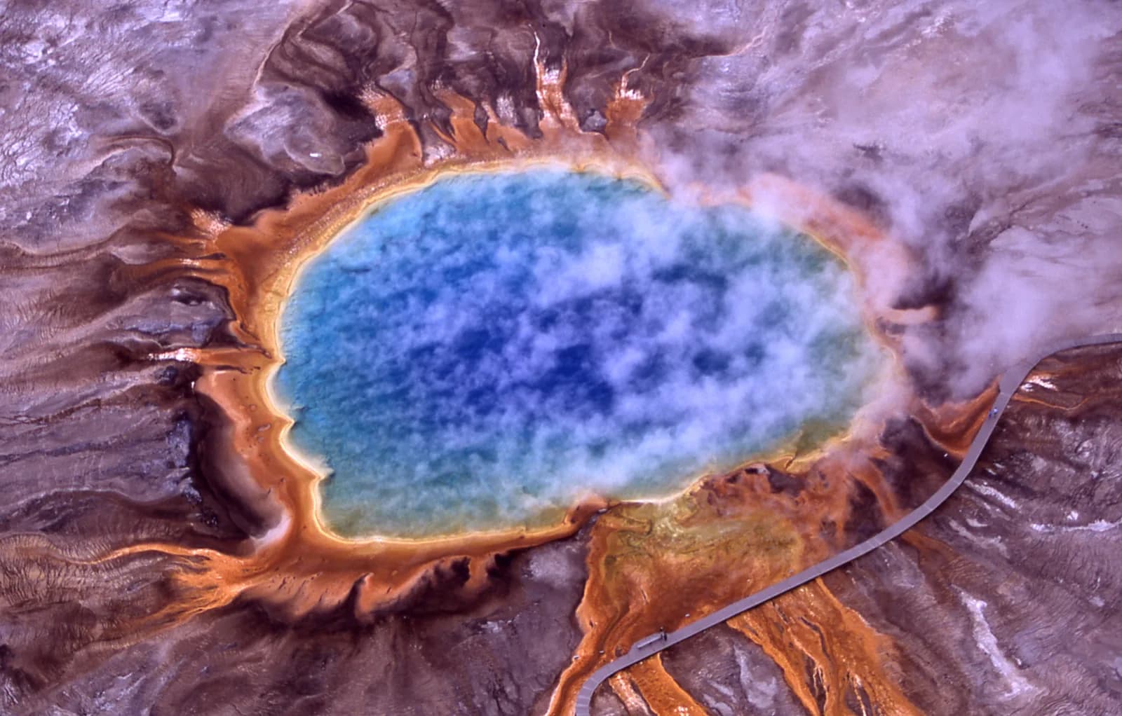 Aerial view of the rainbow-colored Grand Prismatic Spring in Yellowstone