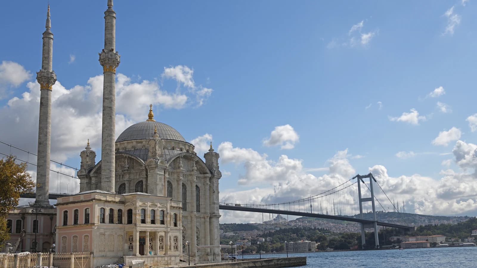 Ortakoy Mosque on the European shore of the Bosphorus with the suspension bridge to the Asian side behind it