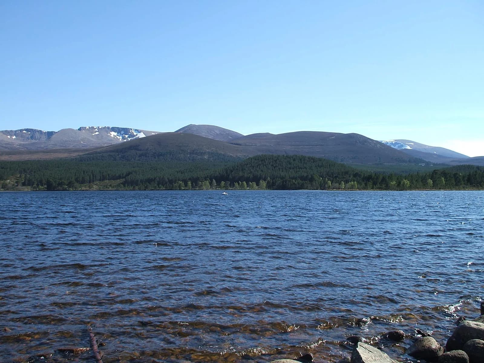 Loch Morlich and the Cairngorm mountains in the Scottish Highlands under a clear sky