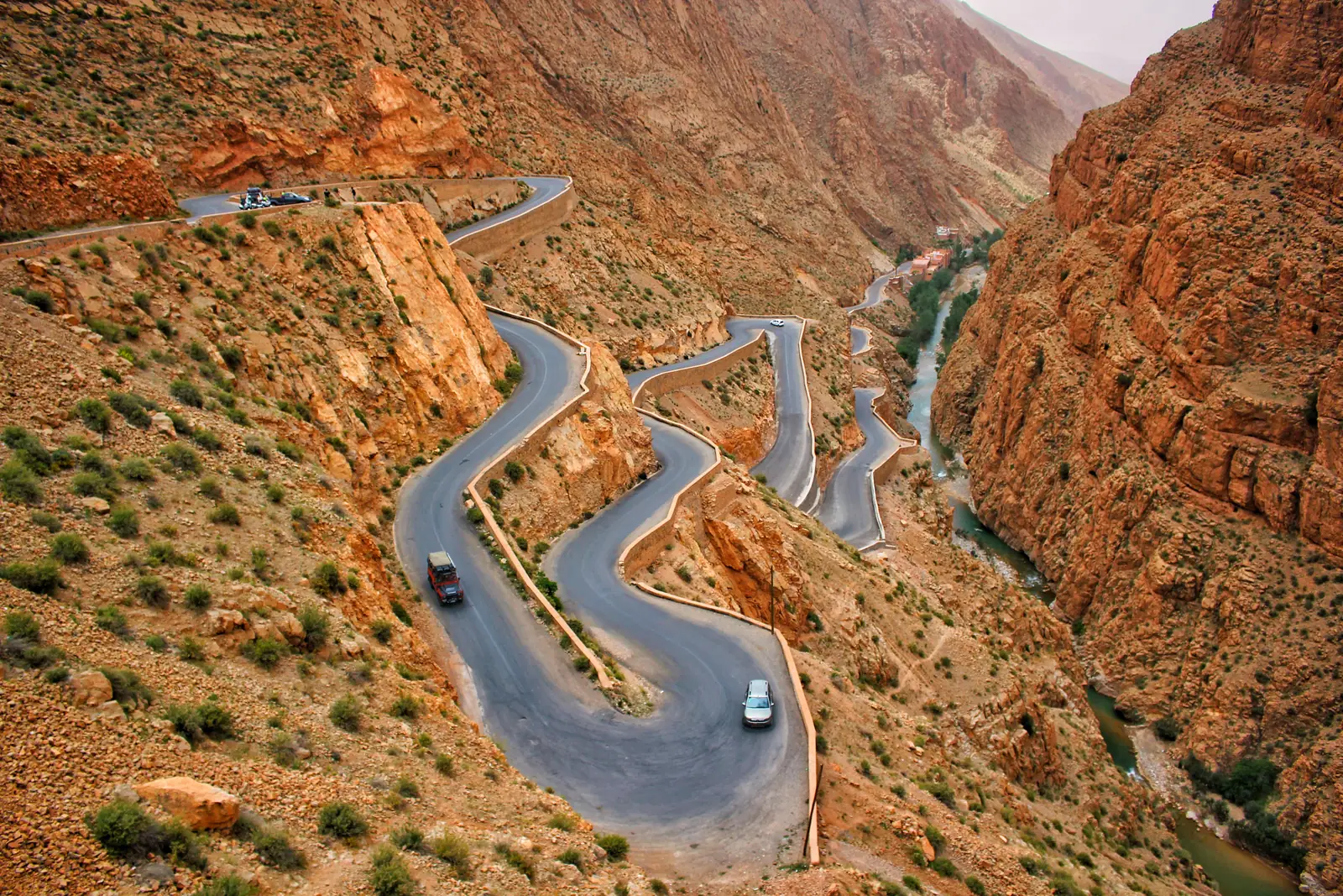 The zigzagging switchback road climbing out of the Dades Gorge in the Atlas Mountains