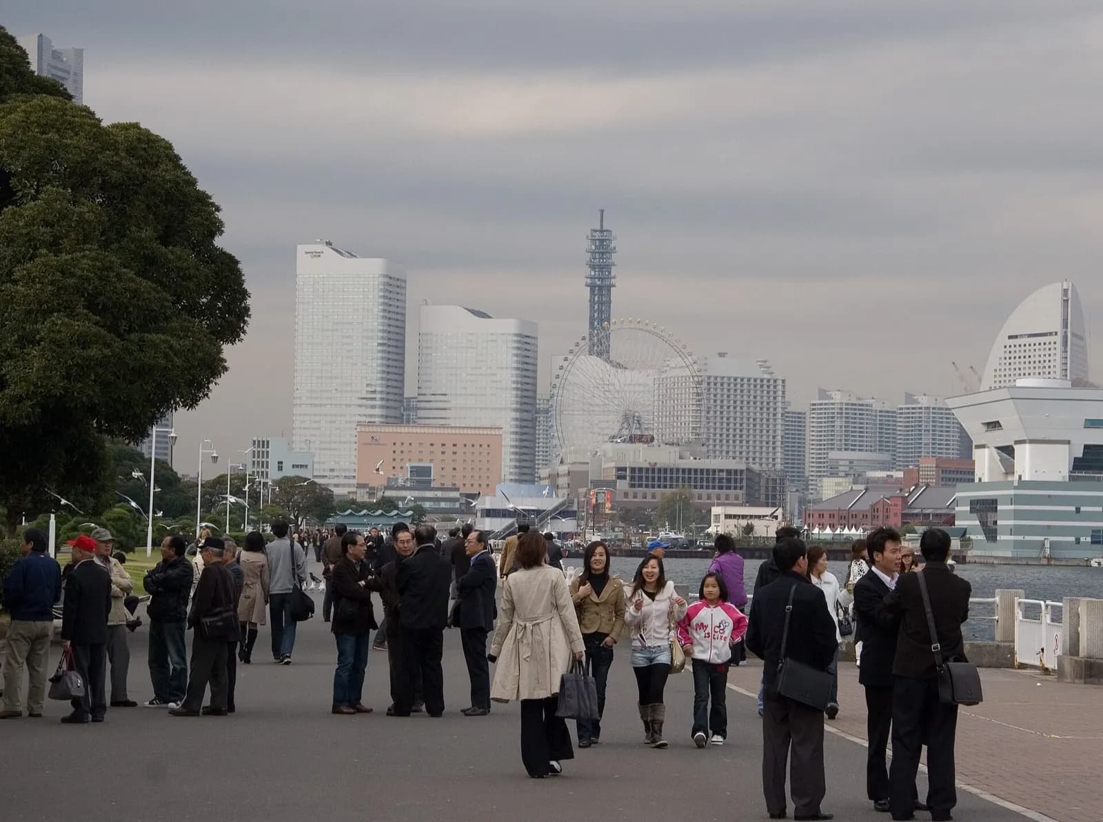 The Minato Mirai waterfront in Yokohama, Japan, seen from the harbour
