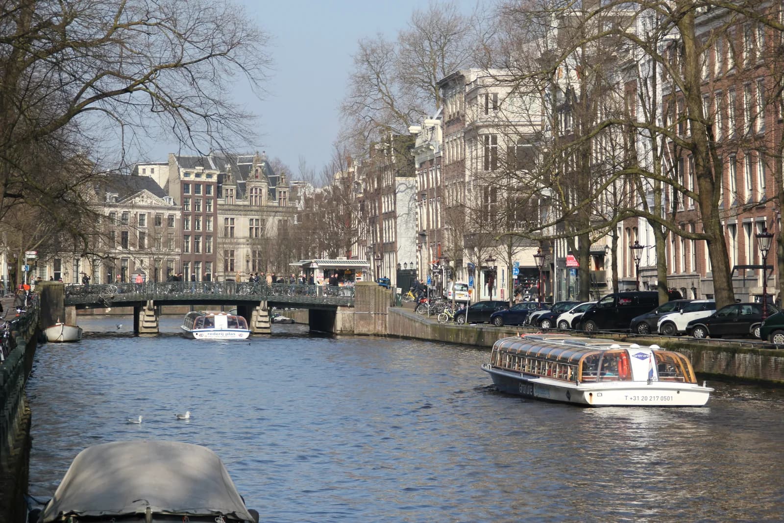 Tour boats on a tree-lined canal between canal houses in central Amsterdam