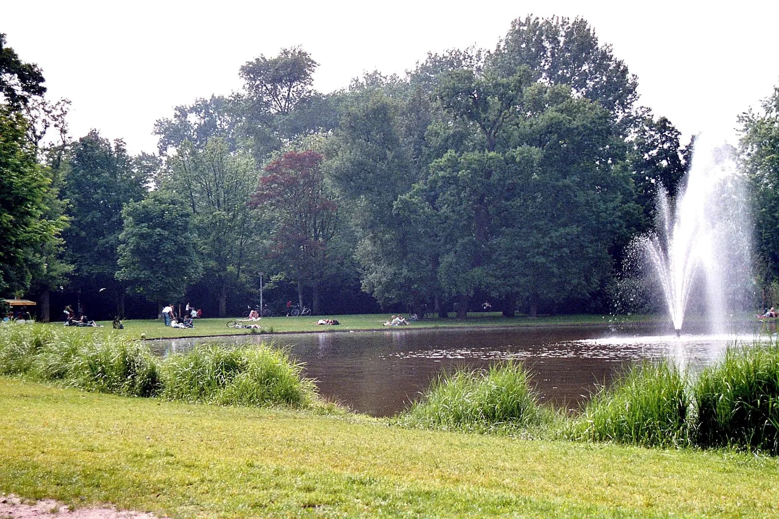 A fountain in a pond in the Vondelpark, with people sitting on the grass under the trees