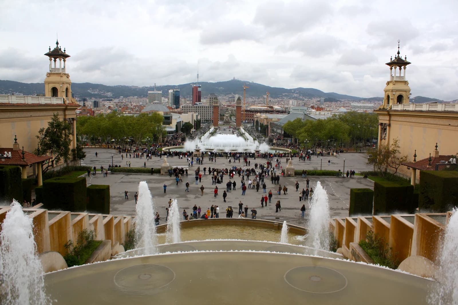 The Venetian towers and traffic circle at Placa d'Espanya in Barcelona