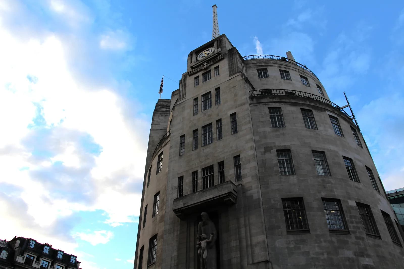 The curved stone front of Broadcasting House at the top of Regent Street in Marylebone