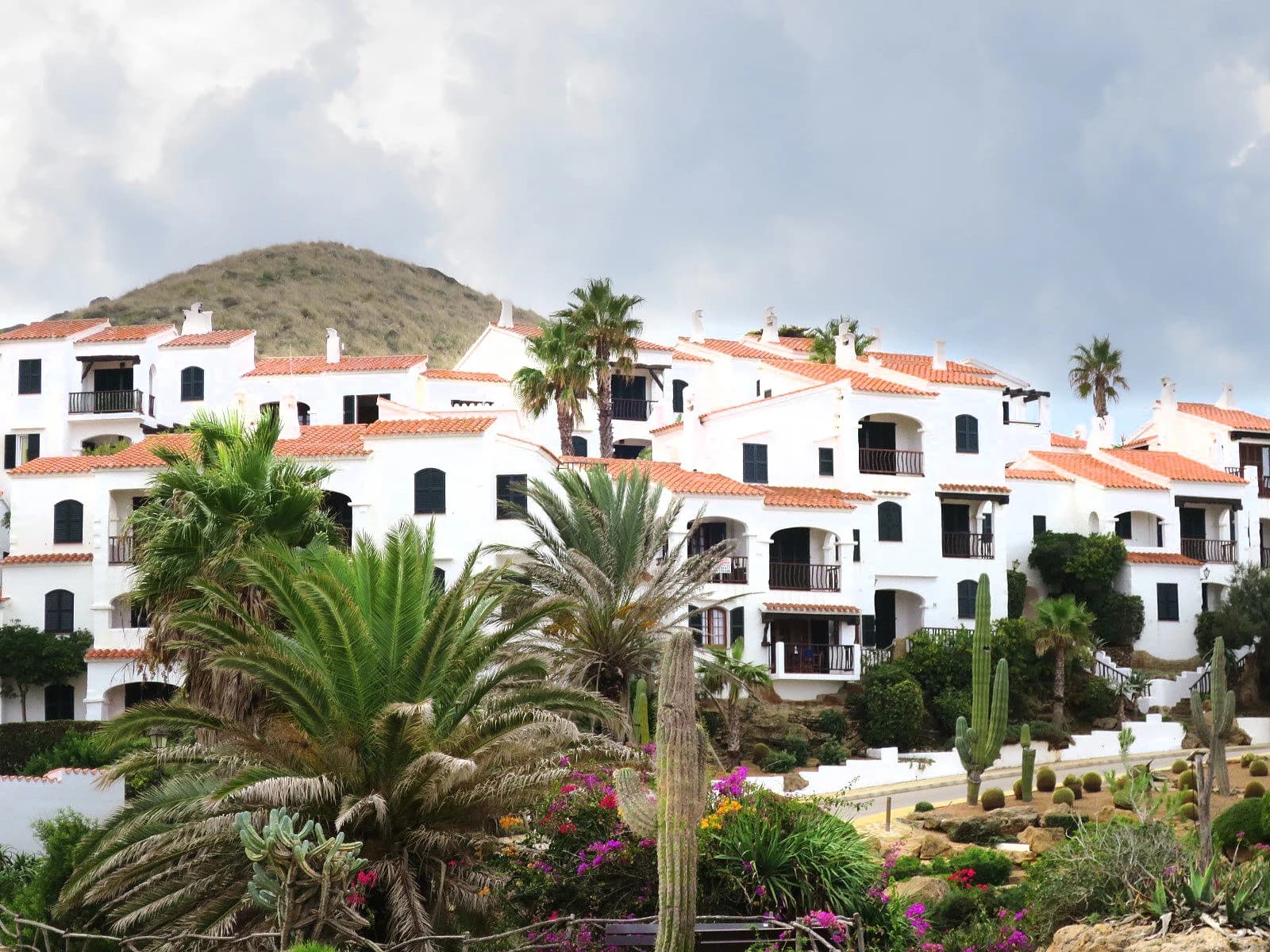 Whitewashed holiday apartments among palms at Platges de Fornells
