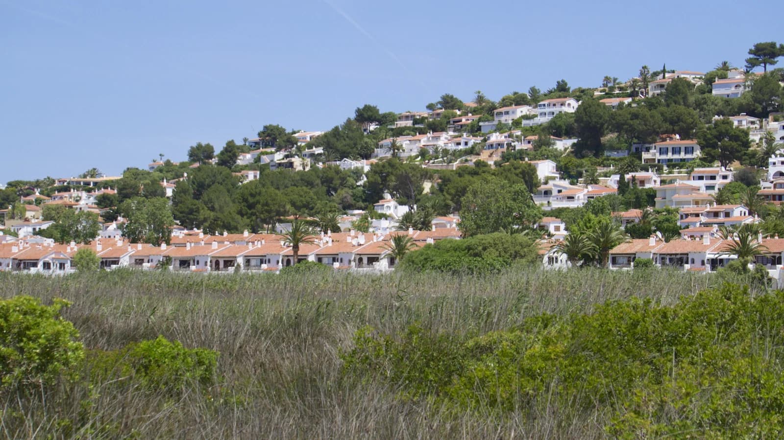 Holiday villas on the hillside behind the dunes at Son Bou