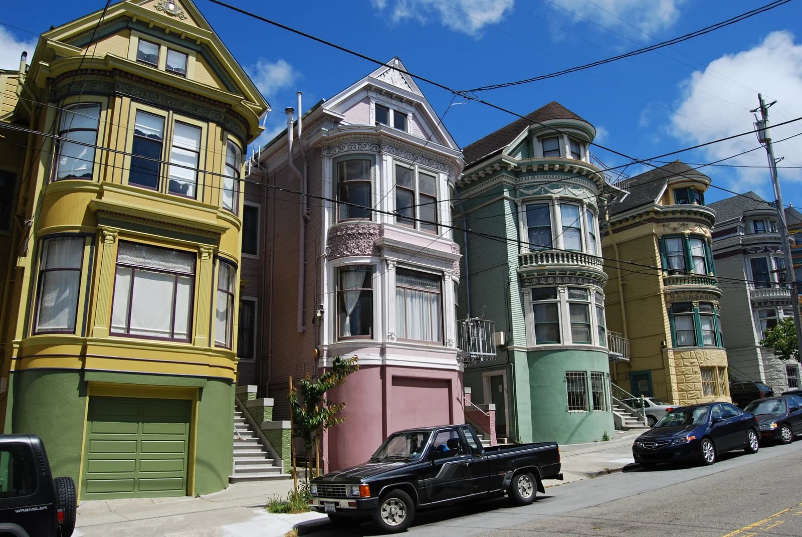 Painted houses on a street in the Haight-Ashbury district of San Francisco