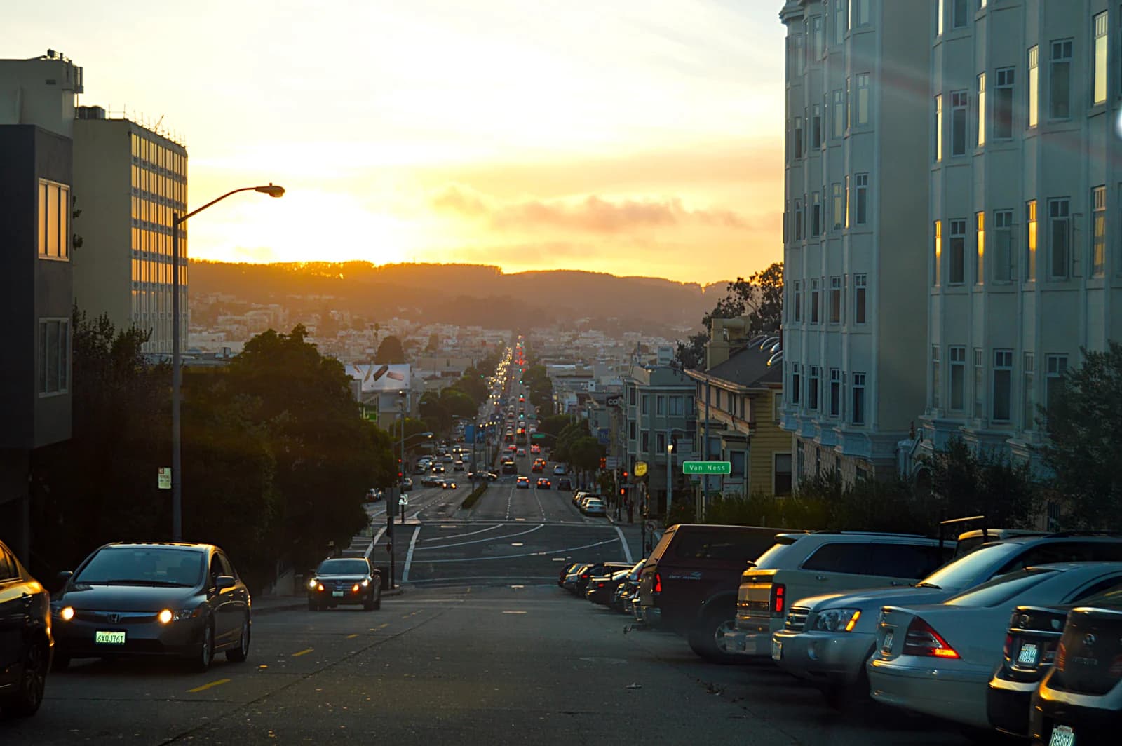 Lombard Street looking west at sunset in the Marina district of San Francisco
