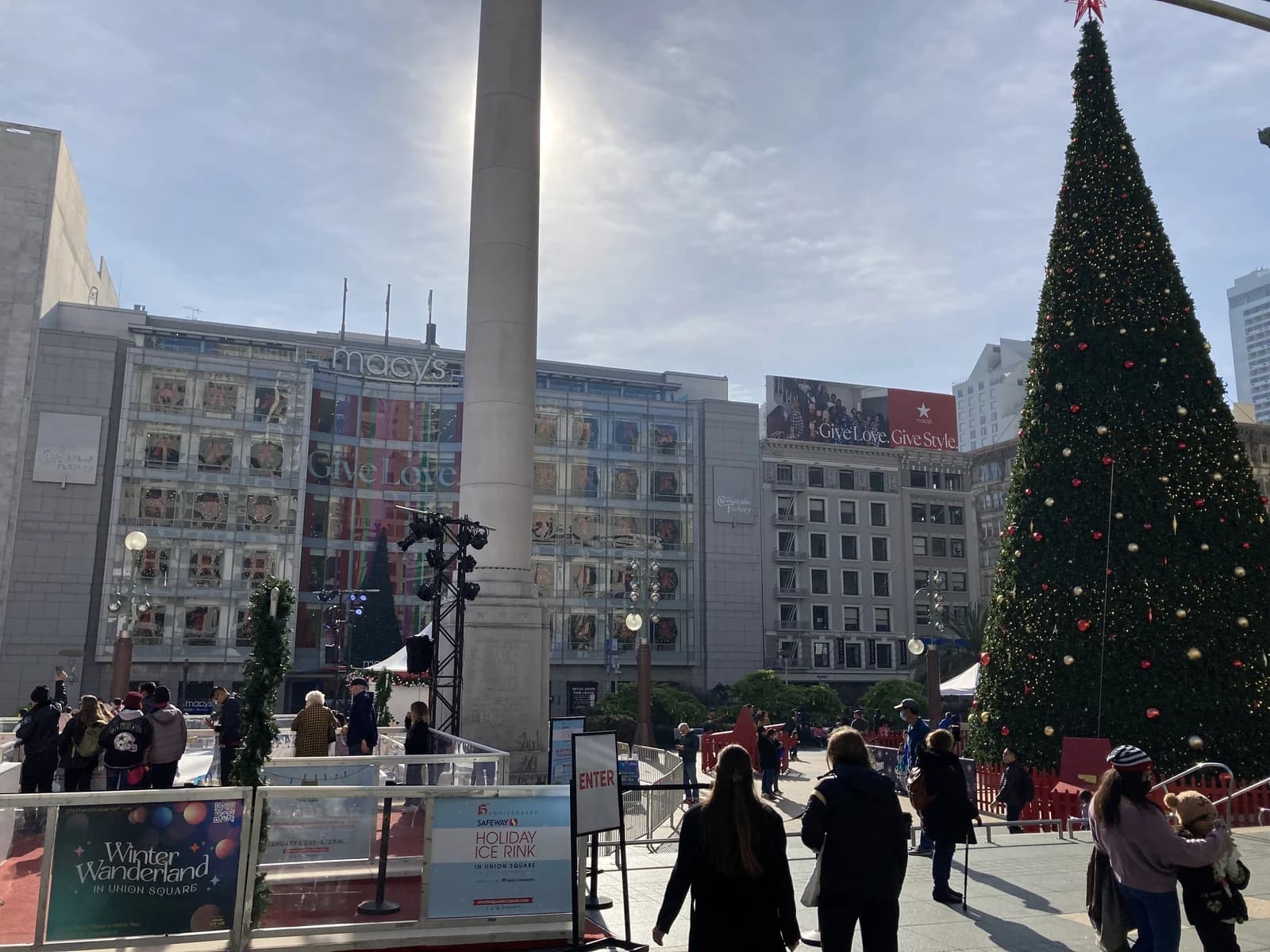 The Christmas tree and ice rink set up in Union Square in San Francisco