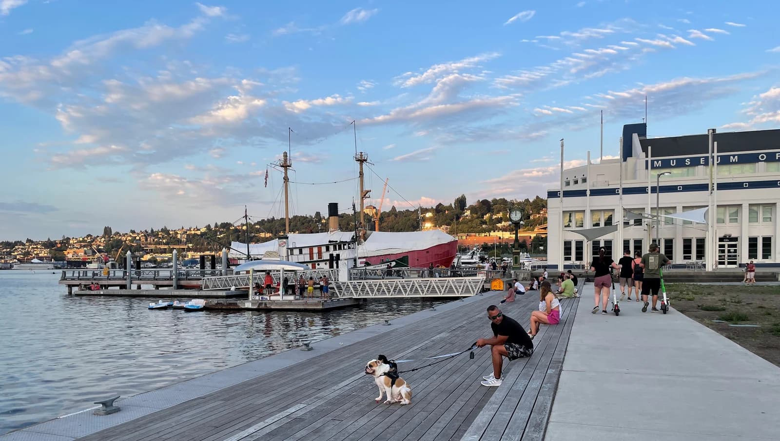 The lawns and moorings of Lake Union Park on the south shore of Lake Union