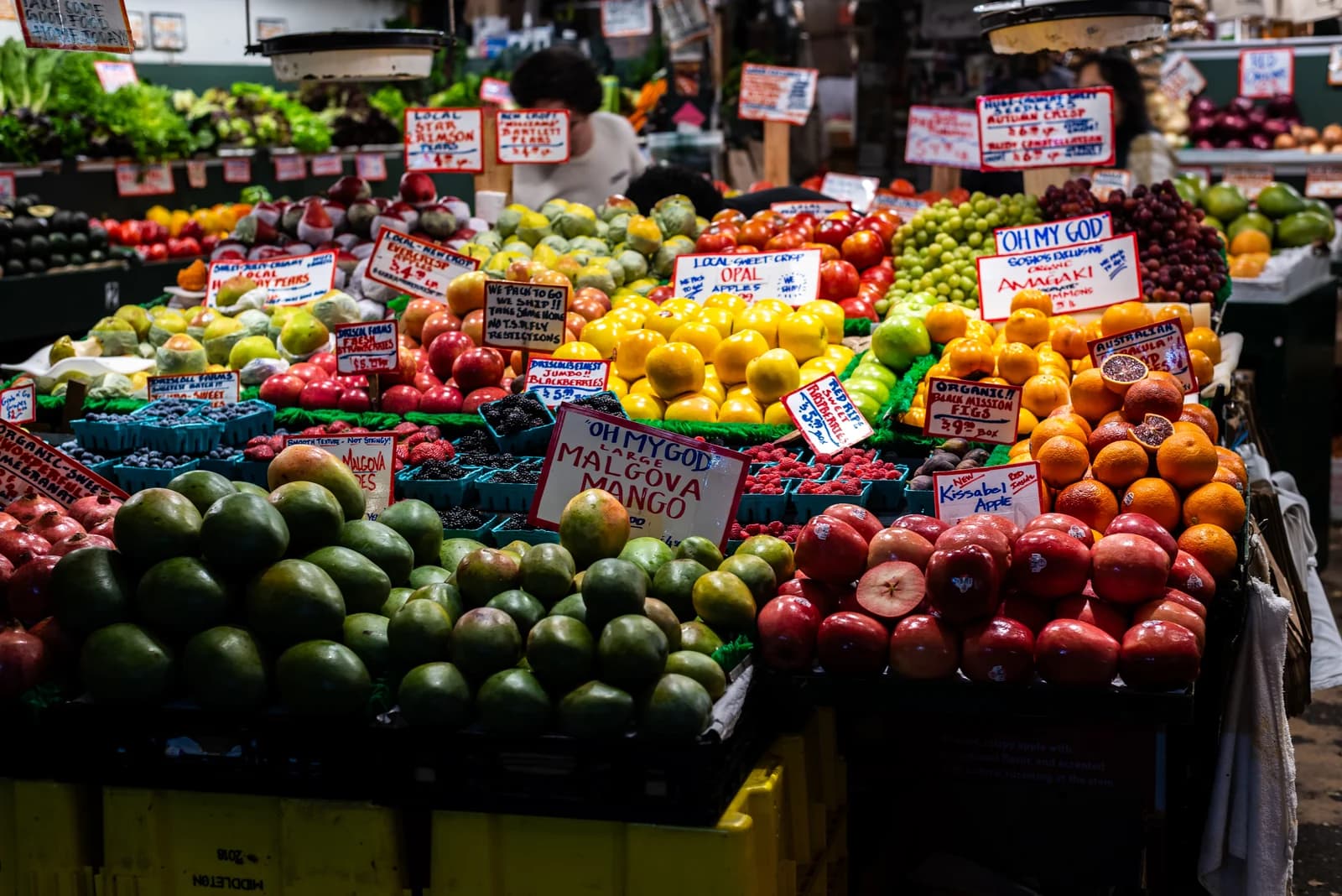 Fruit stacked on a stall inside Pike Place Market in Seattle
