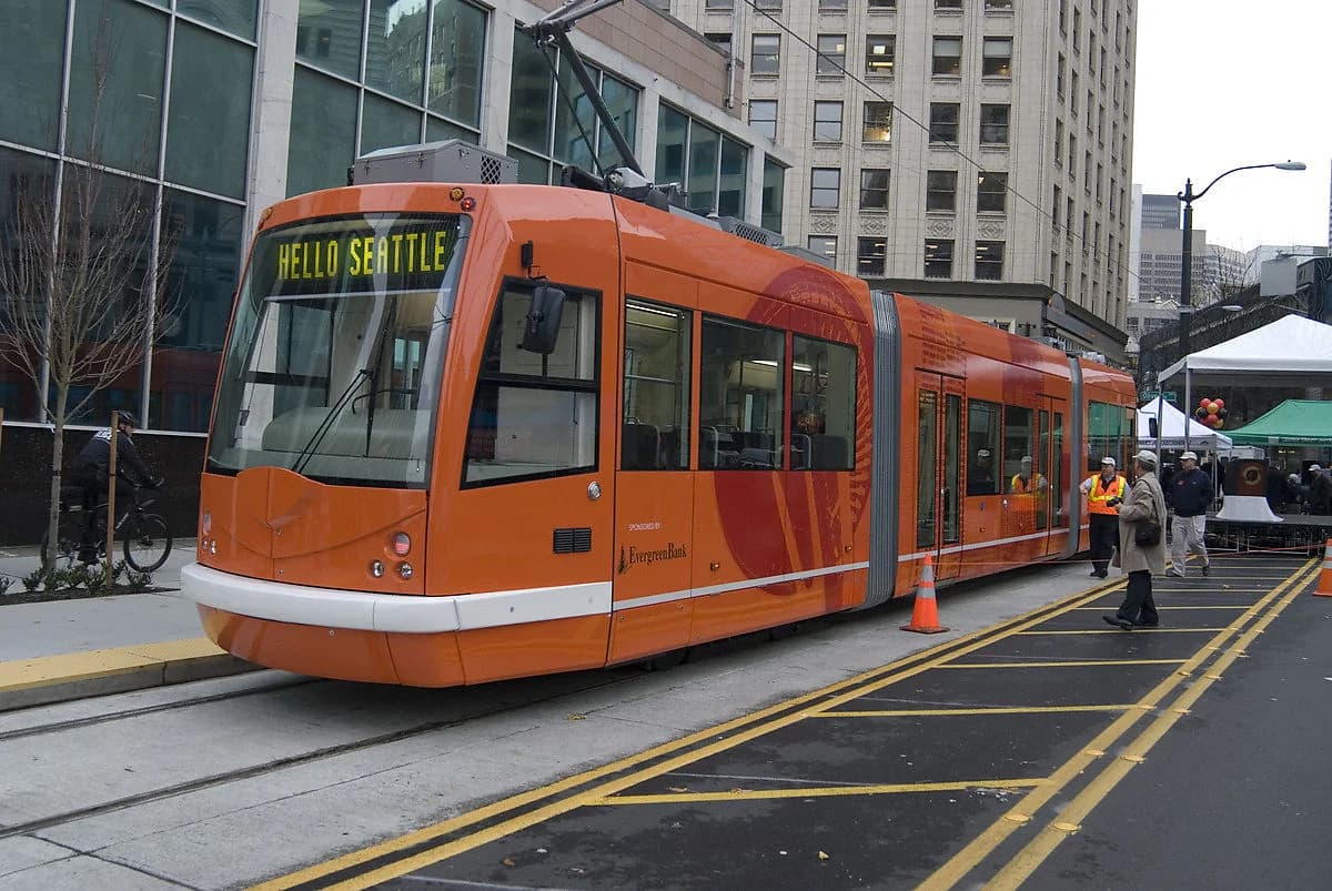 A South Lake Union streetcar on its route through the district