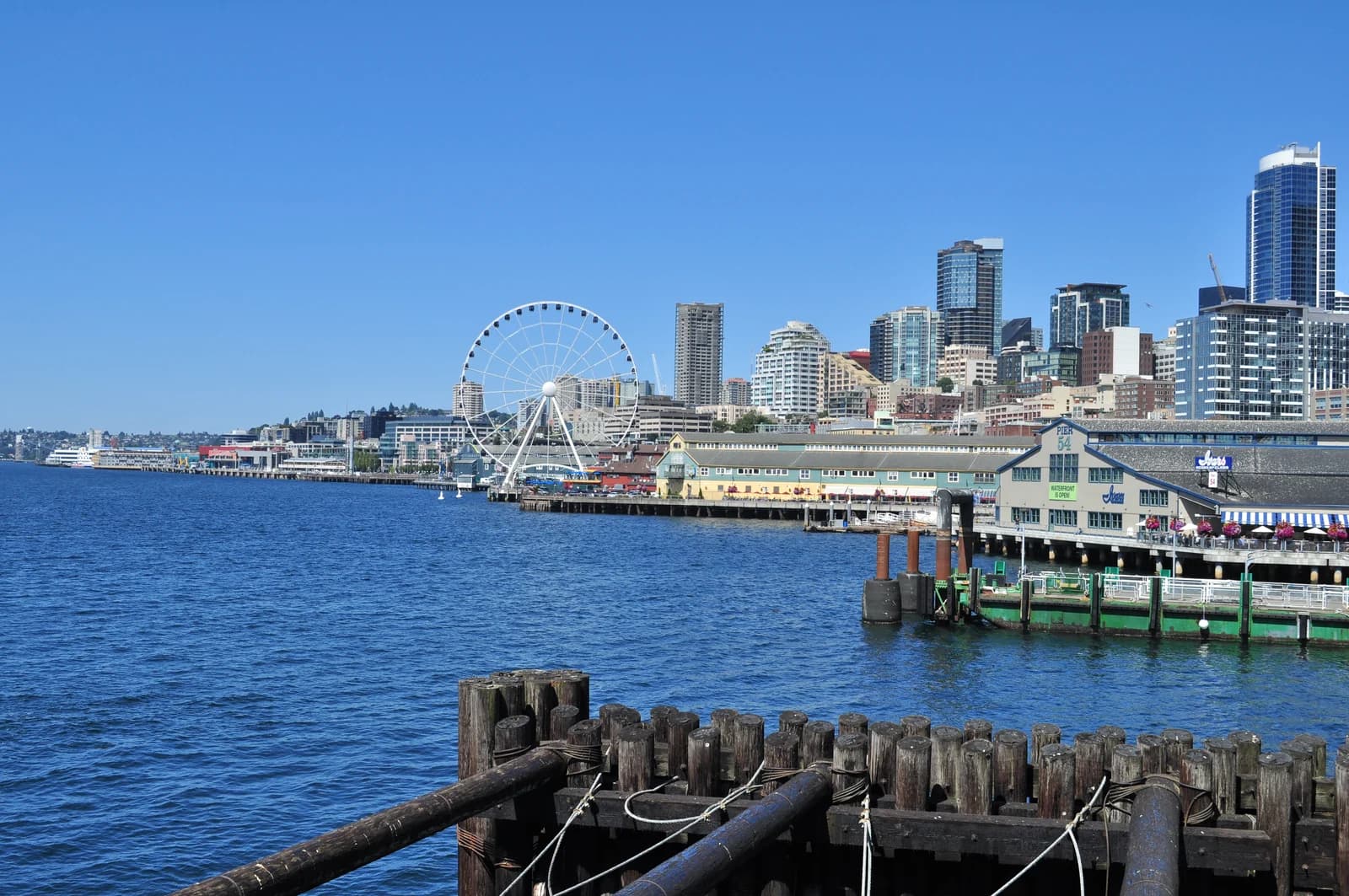 The Seattle Great Wheel standing over the Elliott Bay waterfront