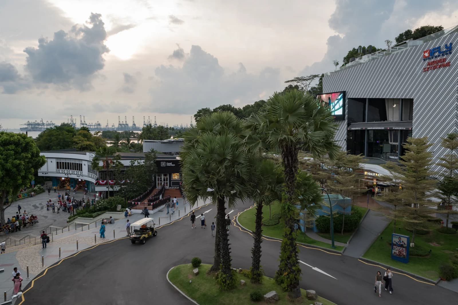 The beach and palm trees along the Siloso shore of Sentosa island