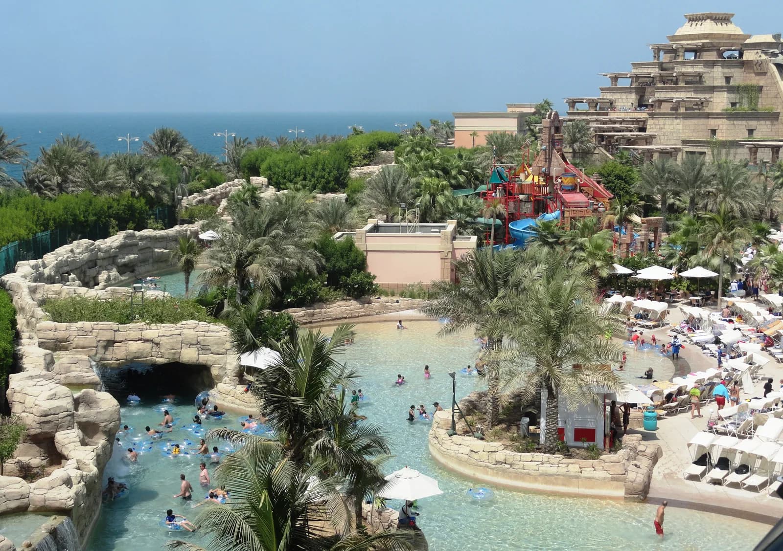 Families floating the lazy river at the Aquaventure waterpark beside the Atlantis resort on Palm Jumeirah