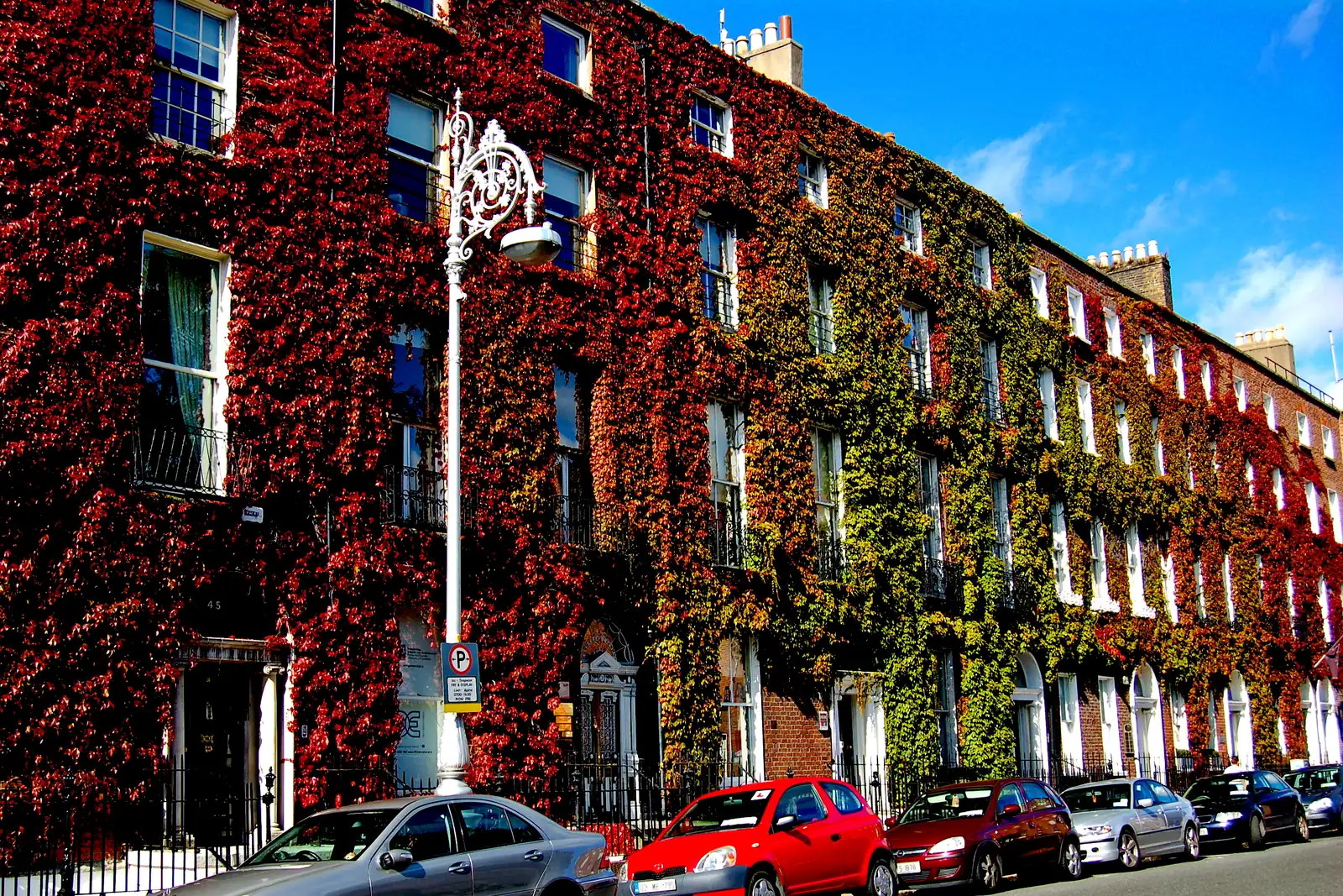 Ivy-covered Georgian townhouses on Fitzwilliam Square in central Dublin, the city-centre streets where hotels with family rooms sit