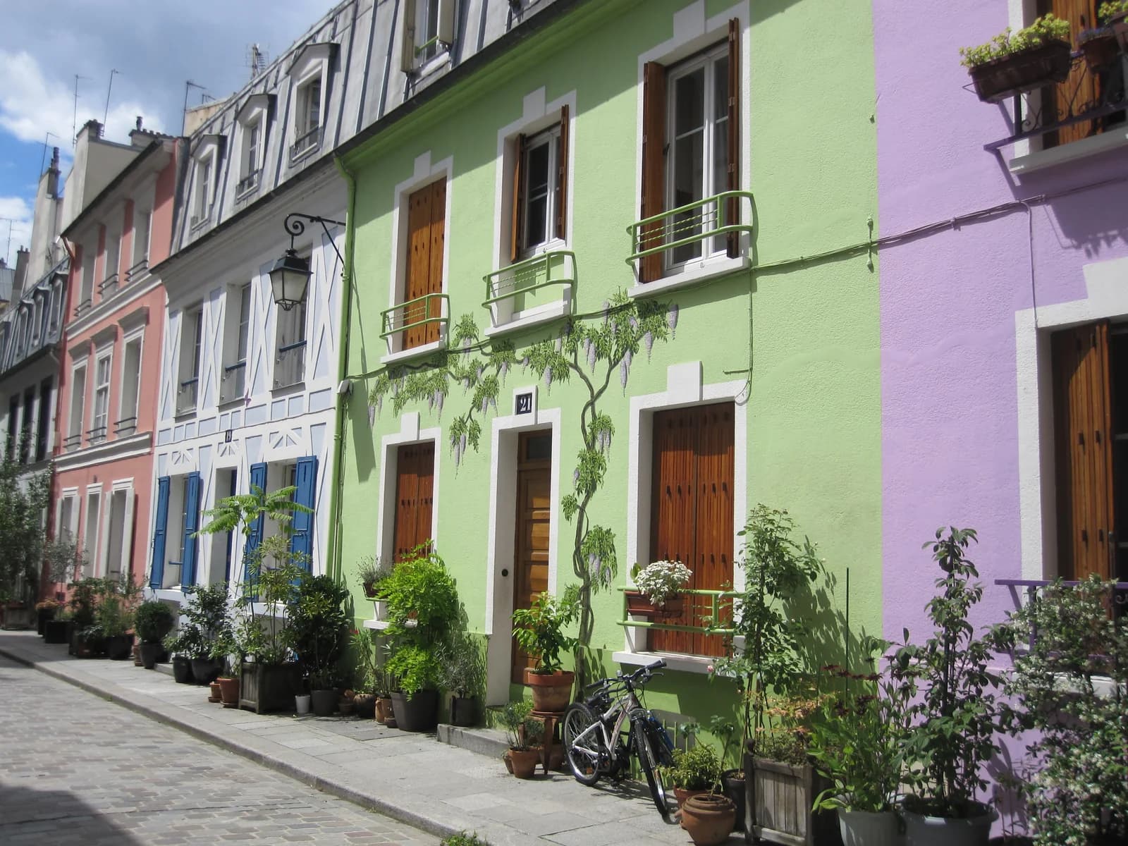 The painted house fronts and potted plants along Rue Cremieux, a residential lane in the 12th arrondissement of Paris