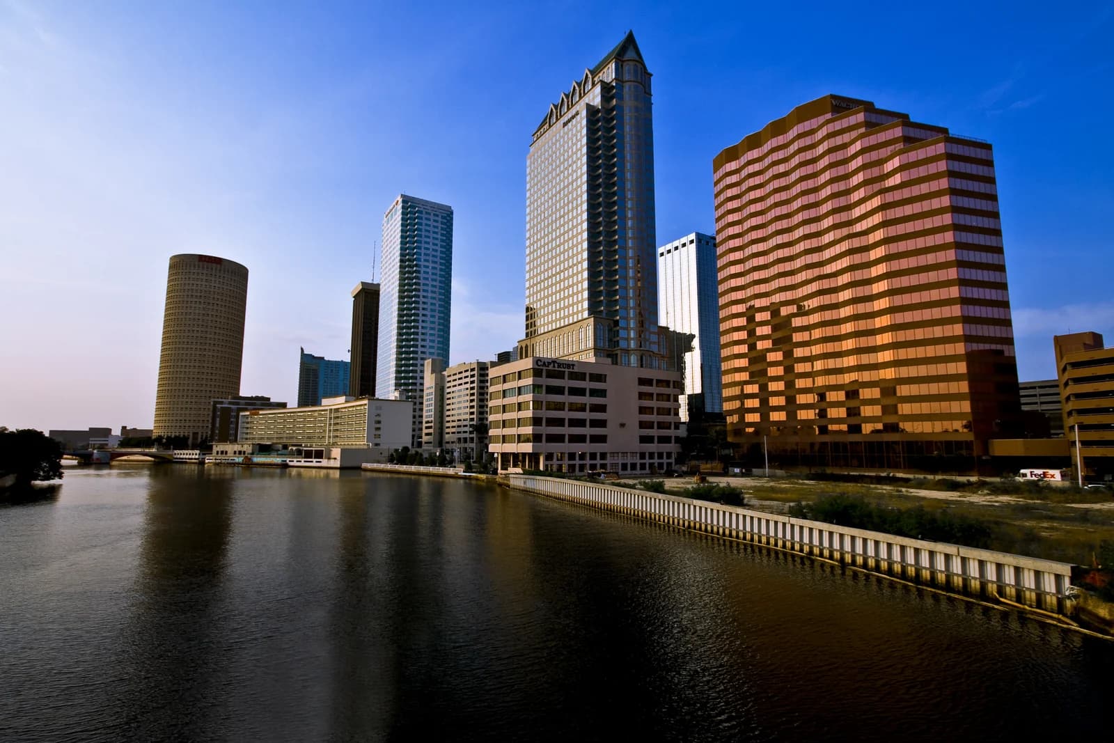 The downtown Tampa skyline in evening light across the Hillsborough River