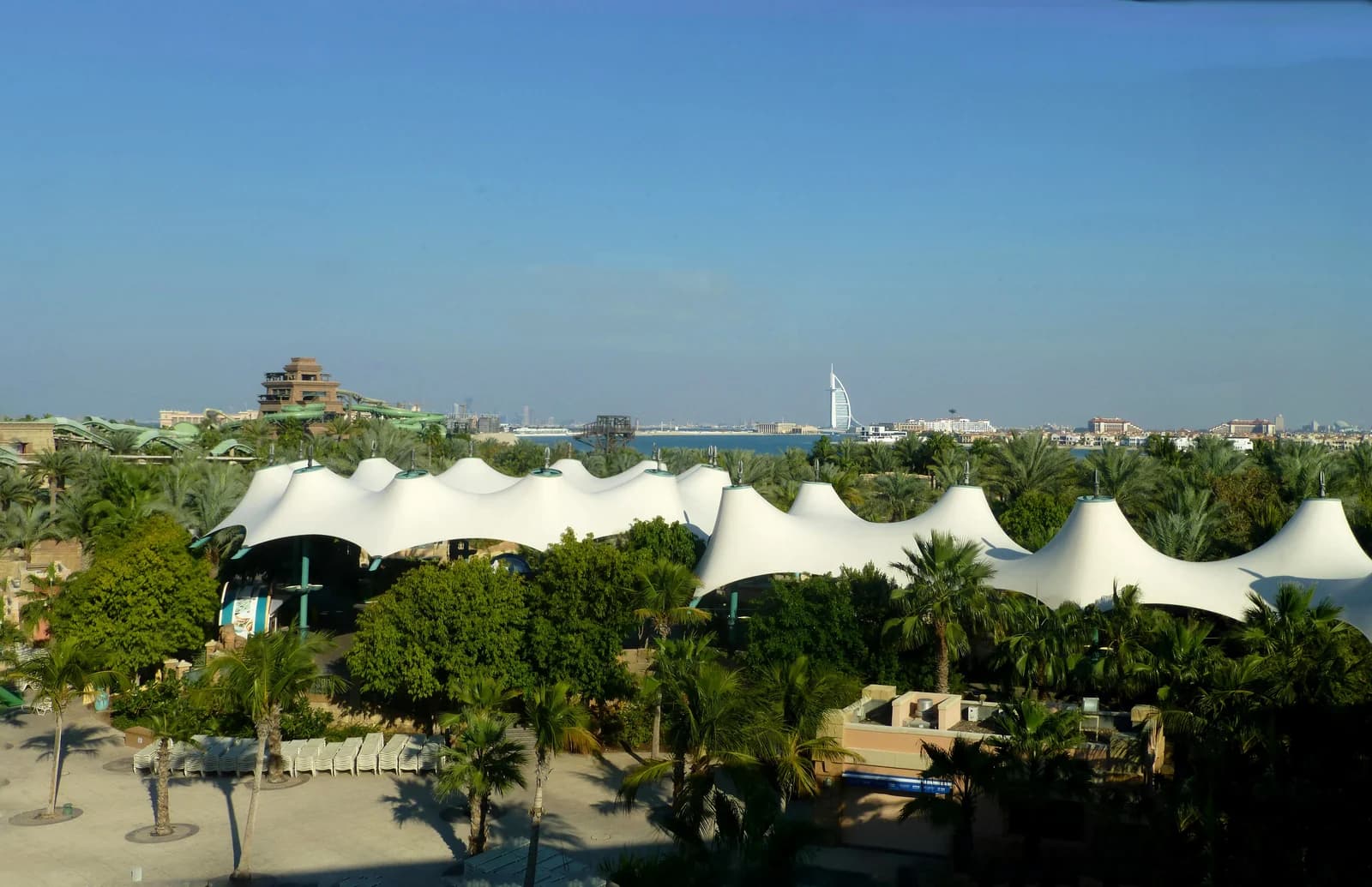 The Aquaventure waterpark slides seen from the Palm Jumeirah monorail