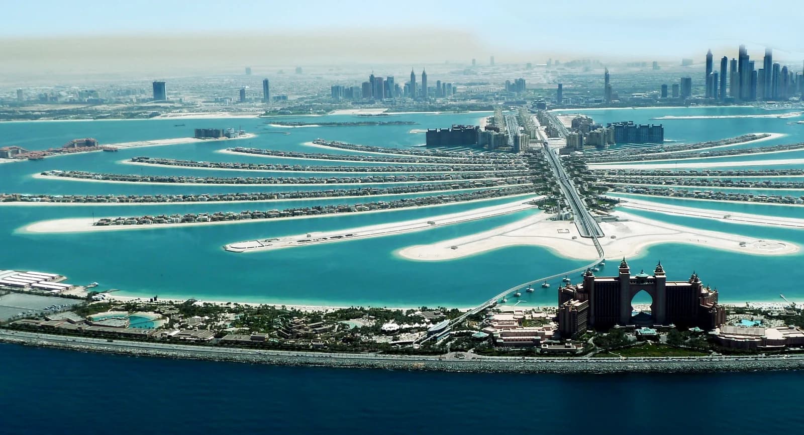 Palm Jumeirah and Dubai Marina from the air with the Atlantis in the foreground