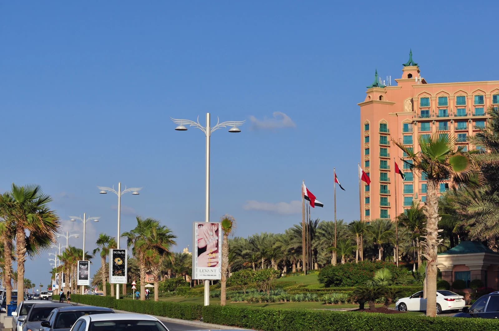 A sheltered lagoon and palm trees on the Palm Jumeirah crescent