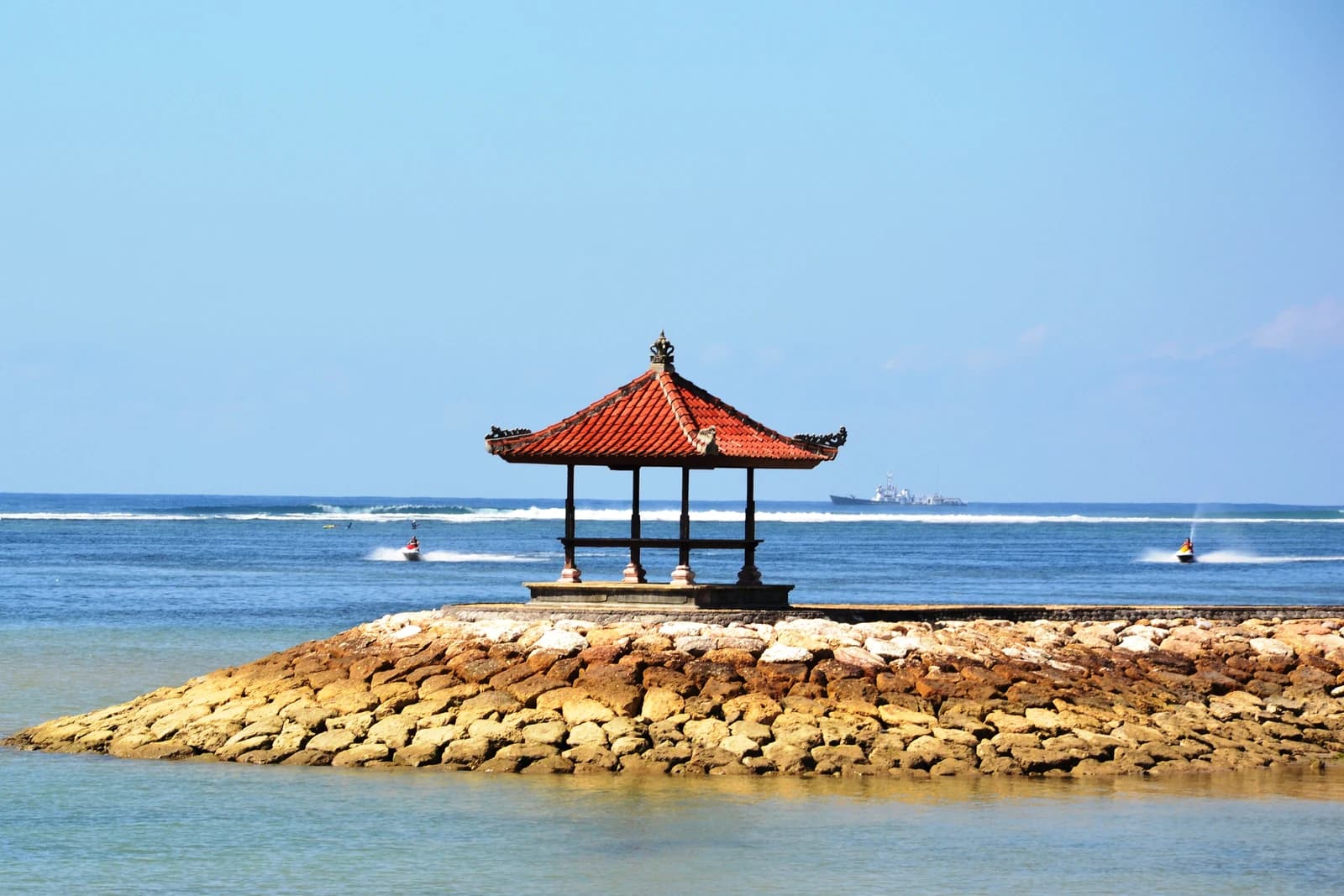 A Balinese pavilion on the breakwater at Tanjung Benoa, the beach strip where Bali's genuine all-inclusive resort stands