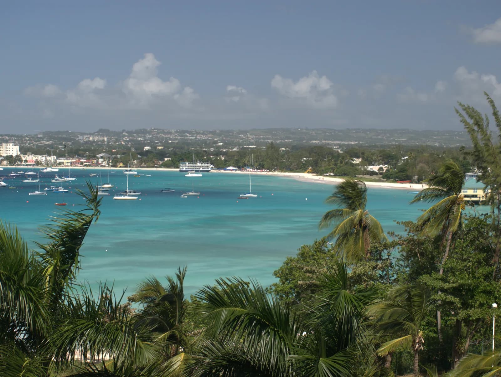 Carlisle Bay in Barbados seen through palm fronds, with yachts moored on turquoise water and a pale sand beach curving away