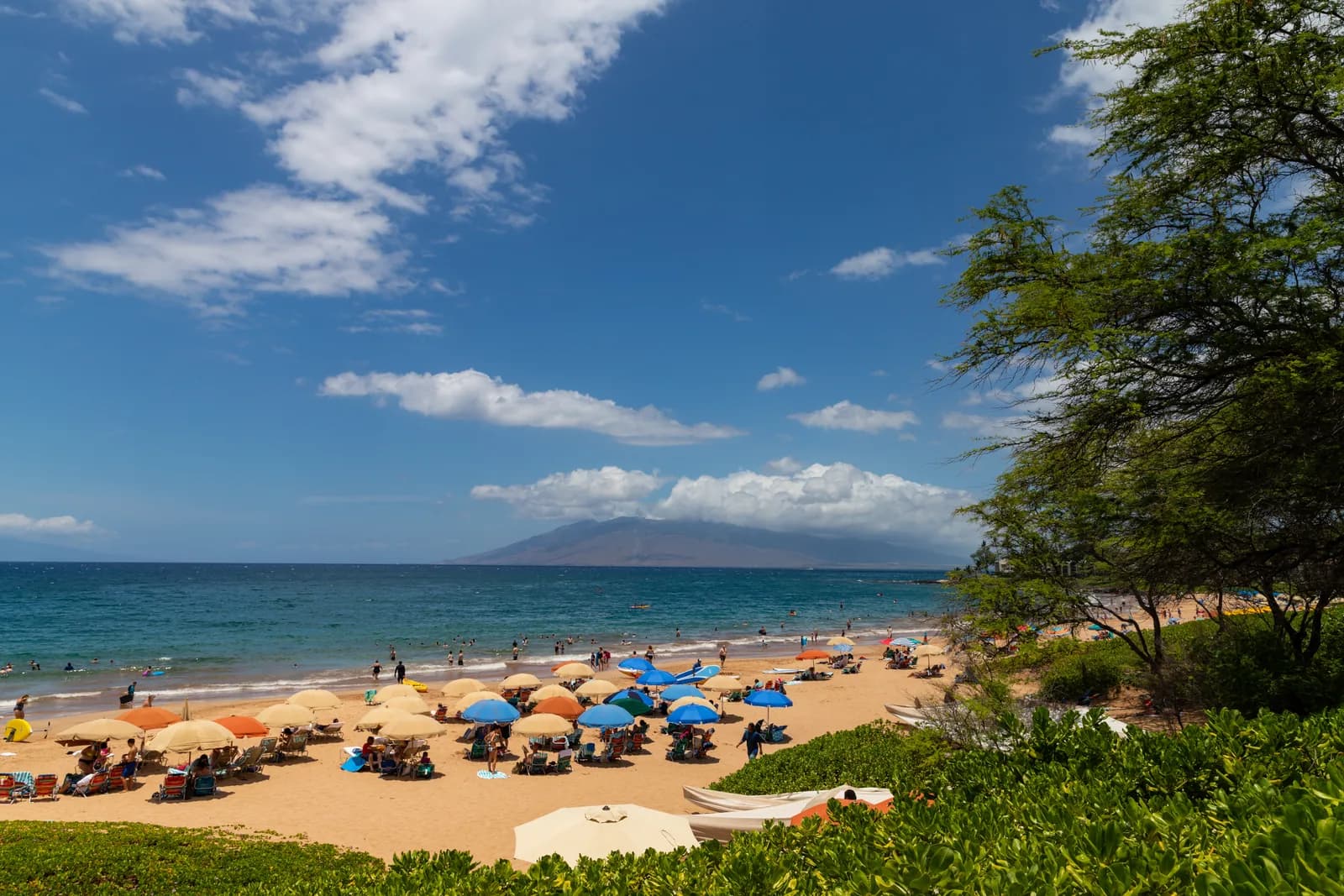 Sun umbrellas and swimmers on the sand at Wailea Beach on Maui, with the West Maui mountains across the water