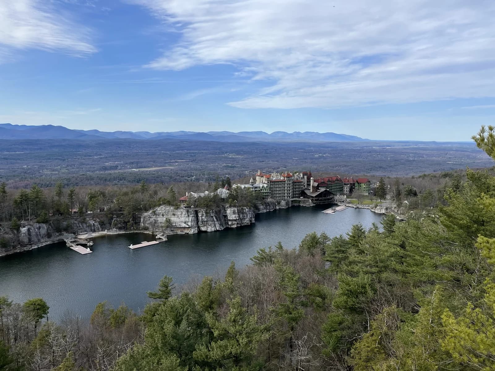 The Mohonk Mountain House resort above its lake in the Shawangunk Ridge, New York