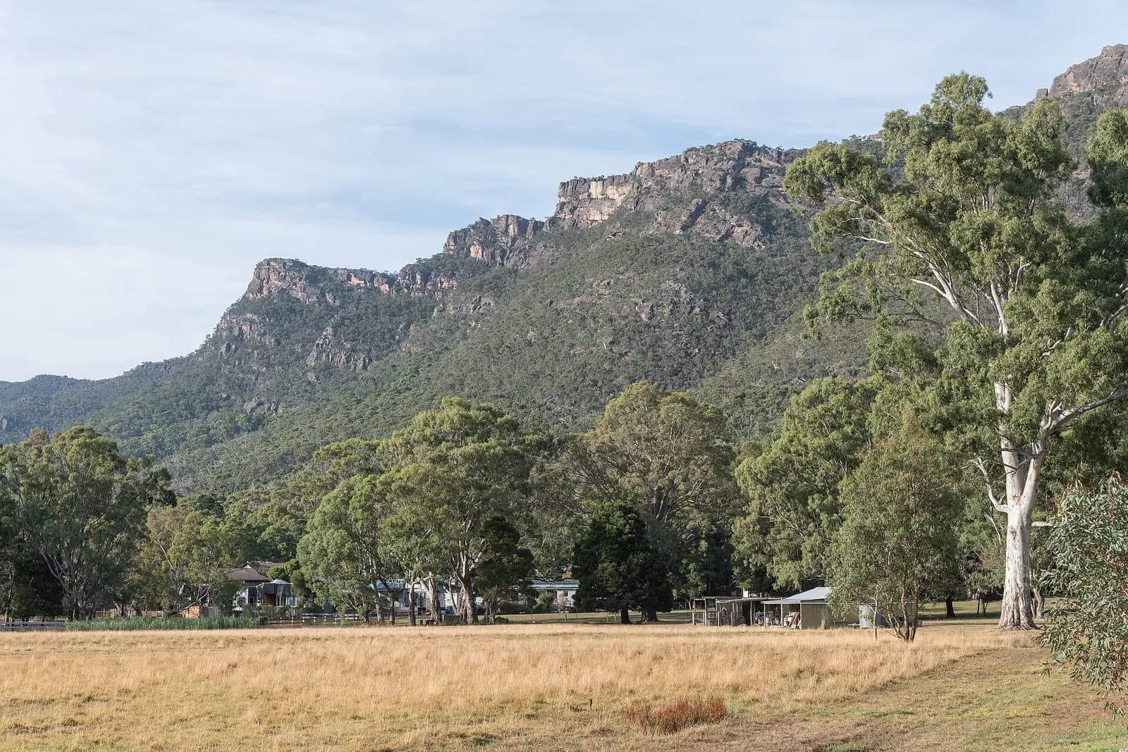 The Grampians ranges rising across the valley from Halls Gap in western Victoria