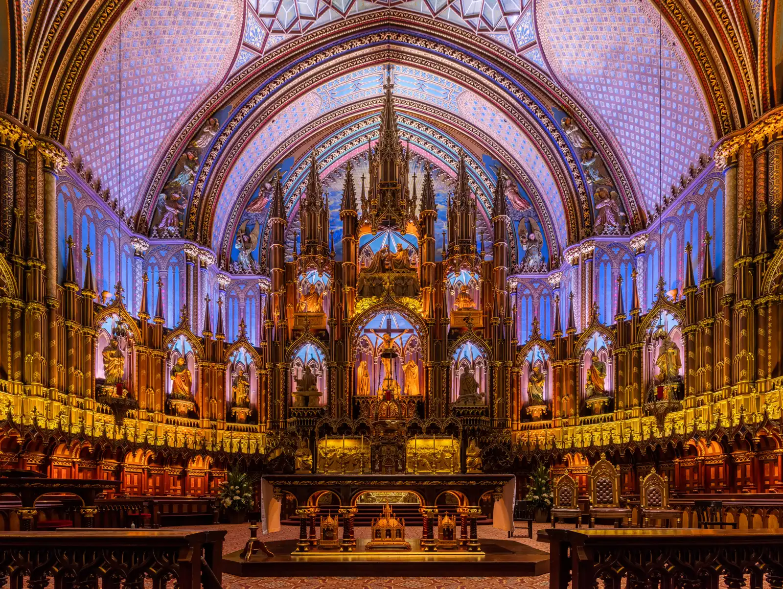 The blue-and-gold interior of Notre-Dame Basilica, the first booking of three days in Montreal