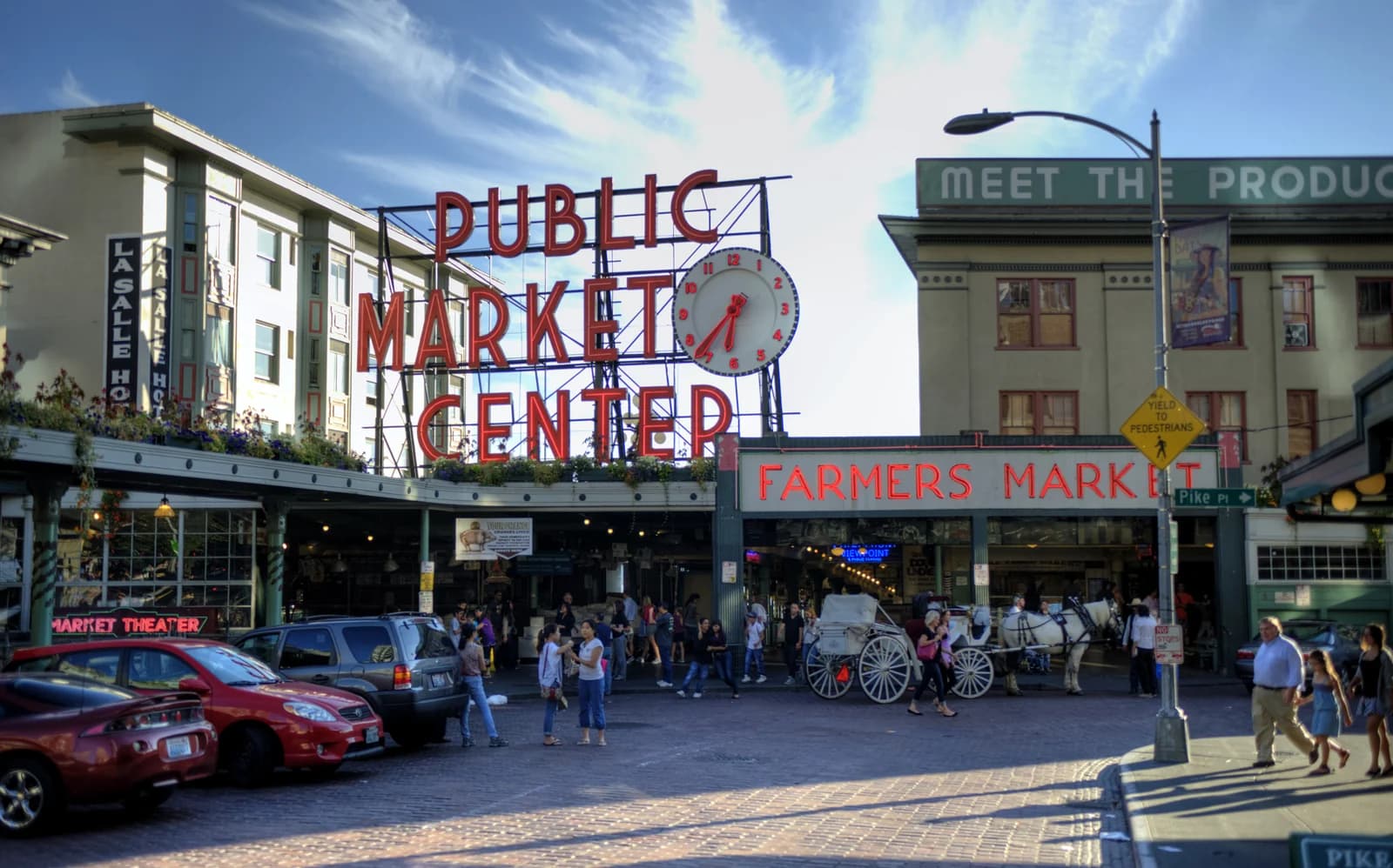 The Public Market Center sign and clock over the entrance to Pike Place Market in Seattle