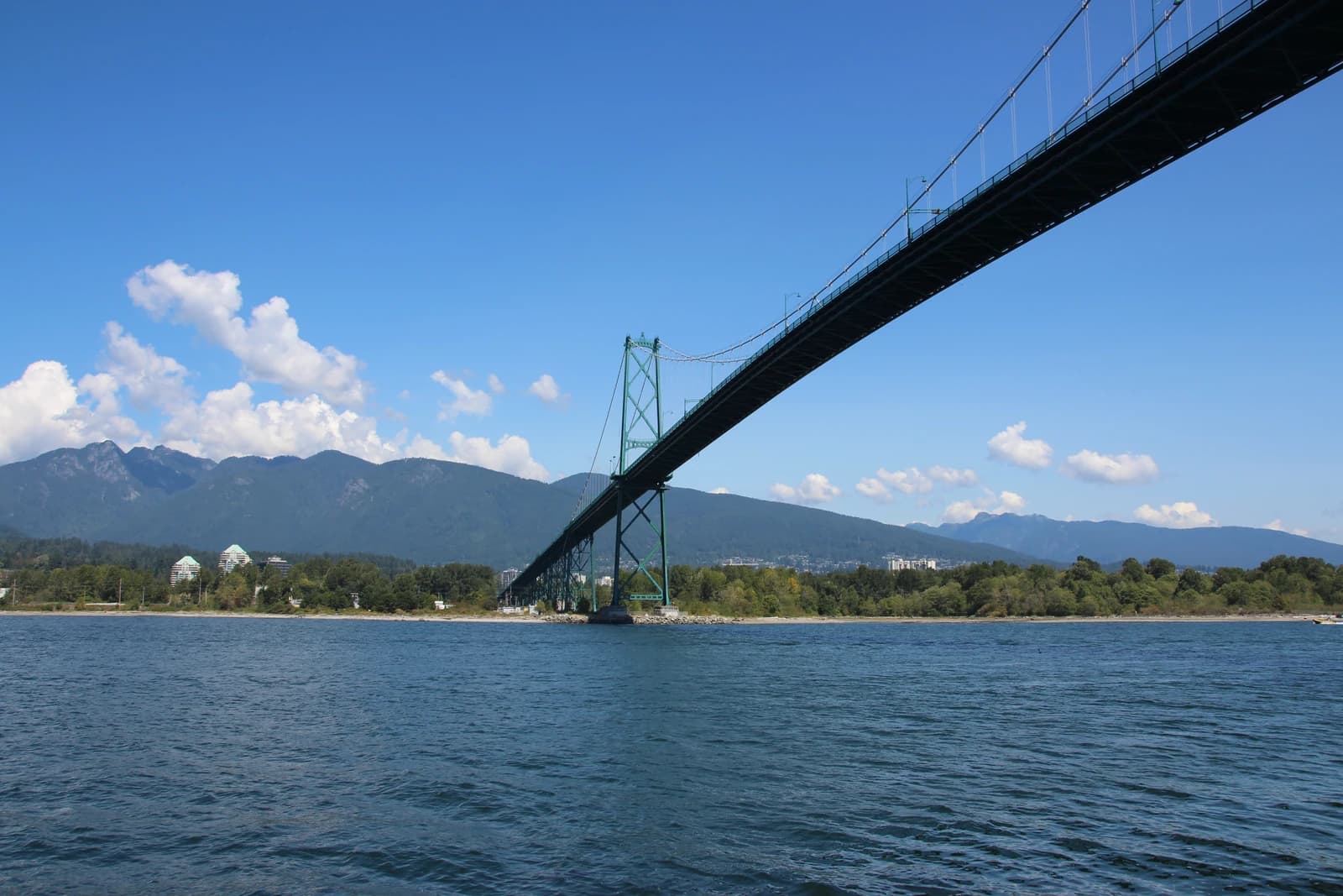 Lions Gate Bridge seen from the Stanley Park seawall with the North Shore mountains behind