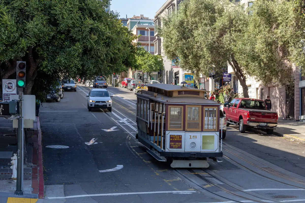 A Powell-Hyde cable car crosses an intersection on a tree-lined San Francisco street