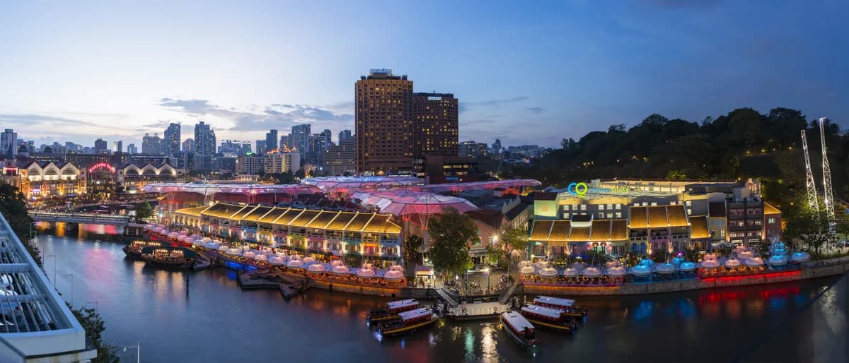 The Singapore River at Clarke Quay, with the quieter hotel stretch upriver