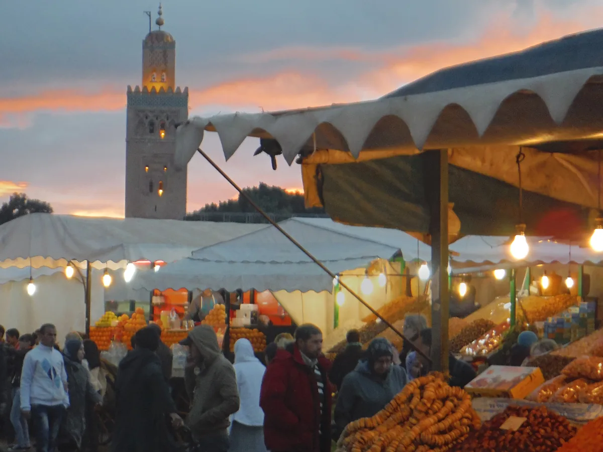 Jemaa el-Fnaa at dusk in Marrakech
