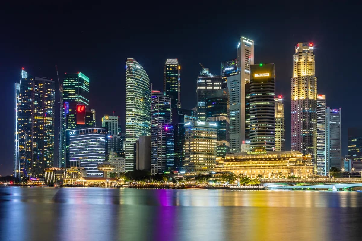 The Marina Bay waterfront in Singapore, where the landmark hotel pools sit