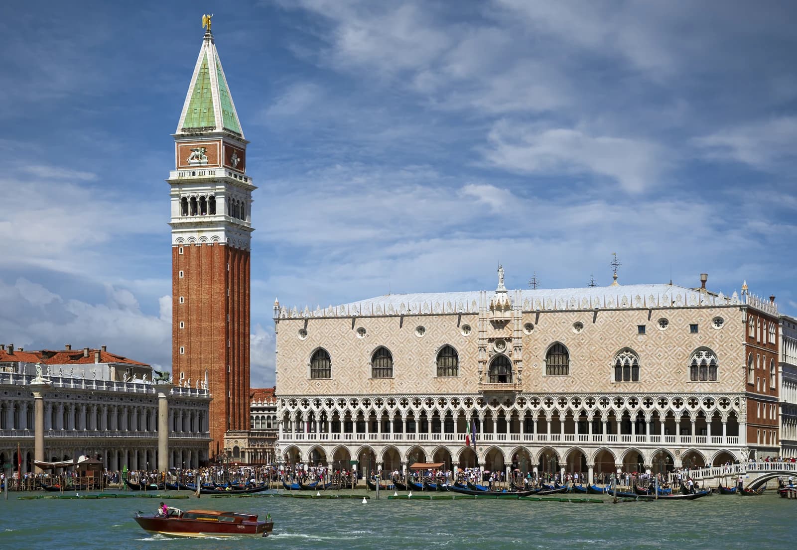 The Doge's Palace and the campanile of St Mark's Basilica seen from the lagoon in Venice