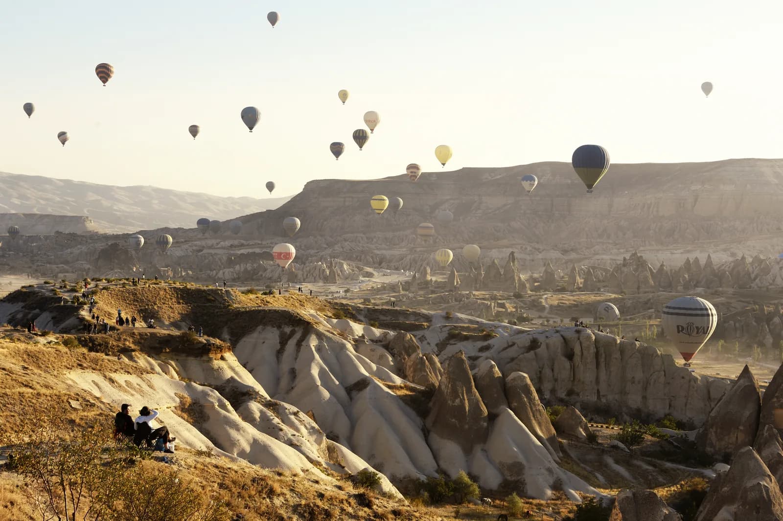 Dozens of hot-air balloons rising over the fairy-chimney valleys of Goreme, Cappadocia at sunrise