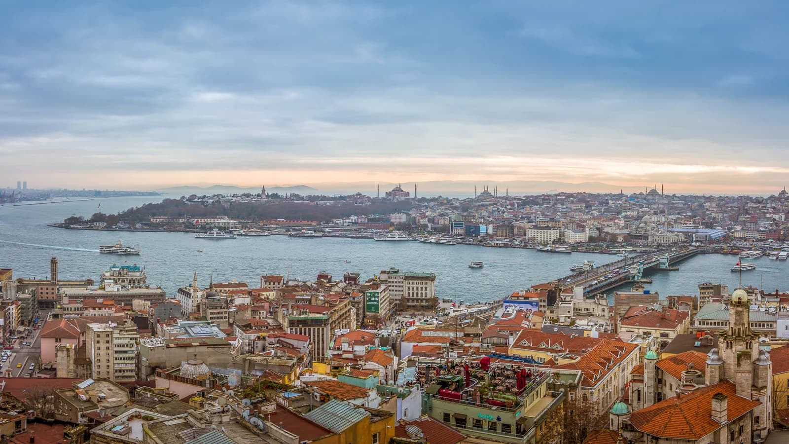 The Golden Horn seen from Galata, with the Galata Bridge on the right and the Sultanahmet skyline of Hagia Sophia, the Blue Mosque and Topkapi Palace on the far shore